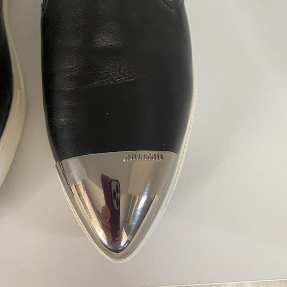 EUC MIU Black Silver Metal CapToe Leather Skate Slip on Sneakers Shoe 37 7 - Picture 4 of 10